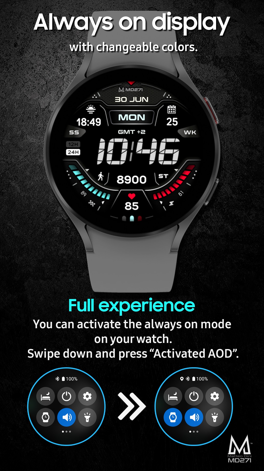 MD271 - Dark Digital Sport Watch Face - Matteo Dini MD Wear OS Tizen