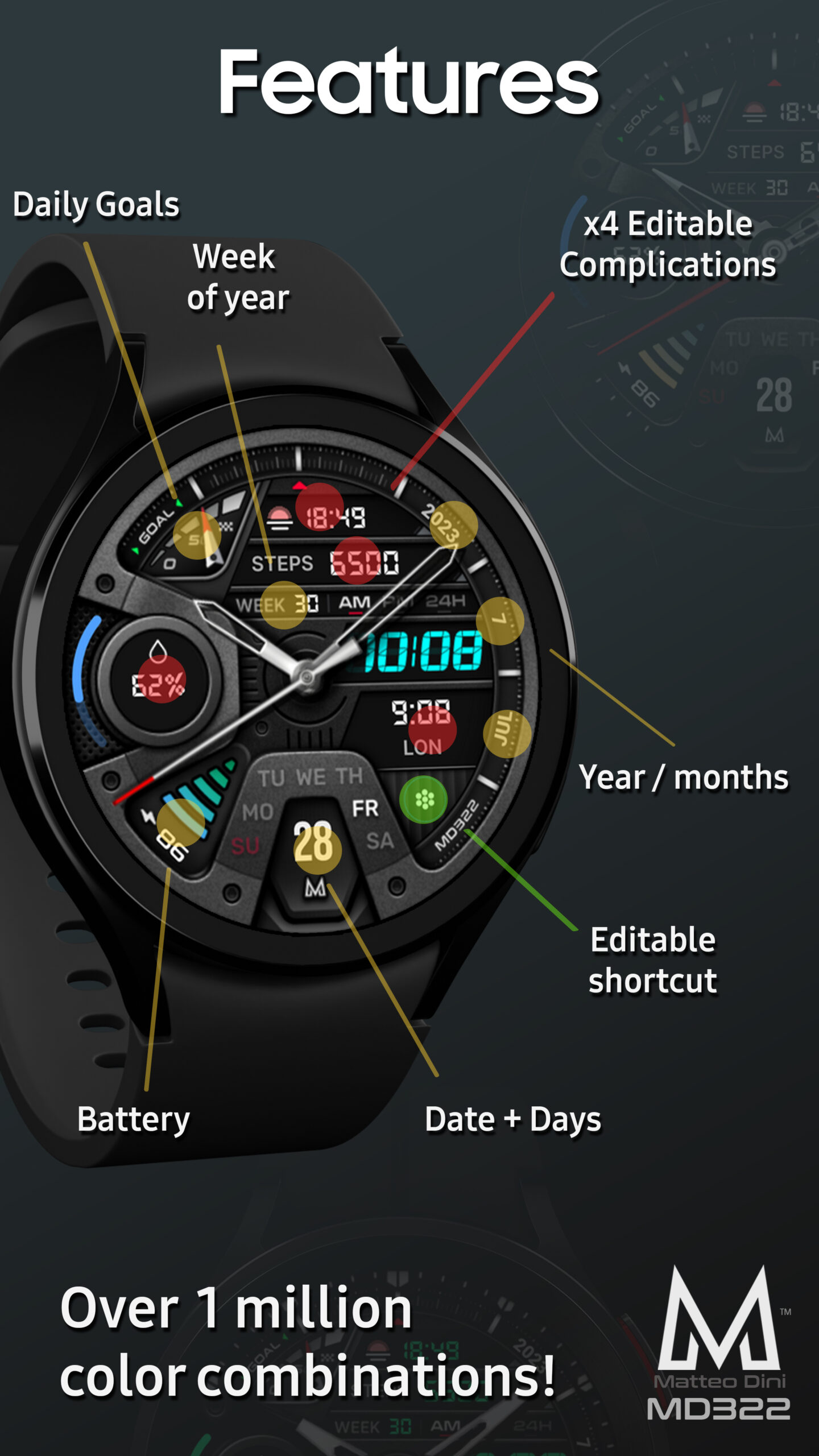 MD322 Hybrid Watch Face Matteo Dini MD Wear OS Tizen